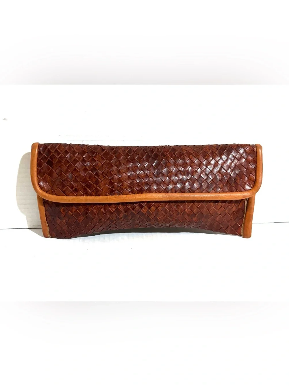 Vintage distressed Woven Leather Clutch in Rich Brown with Tan Trim